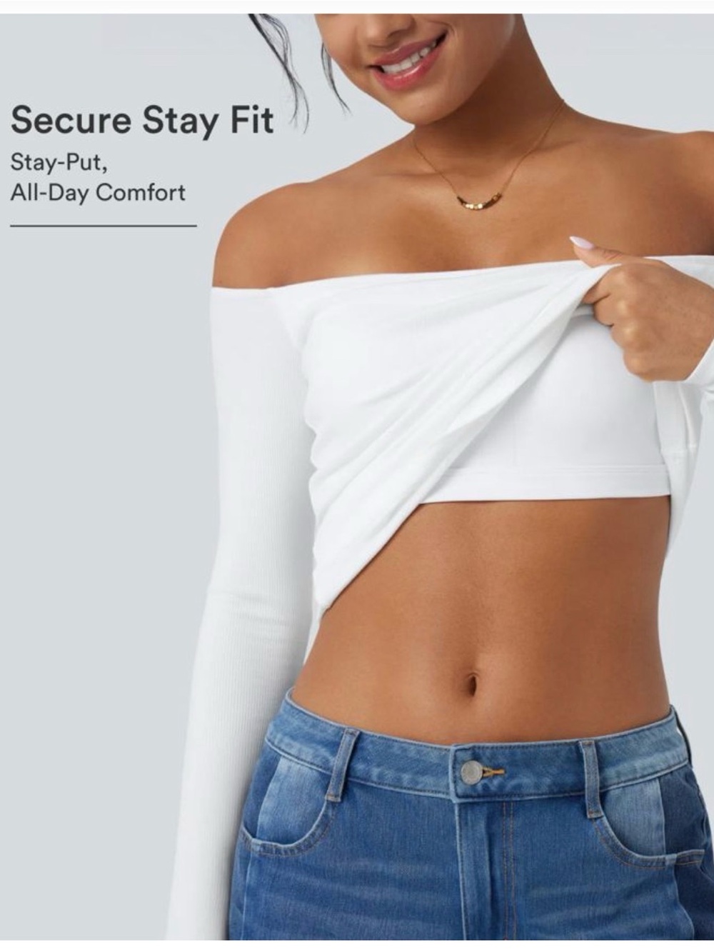 Halara Ribbed Knit Off Shoulder Long Sleeve 2-in-1 Casual Top